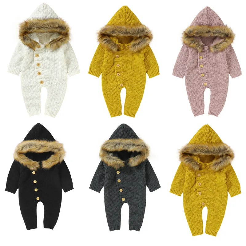 Baby Sweater Jumpsuits Winter Boys Girls Clothes Toddler Long Sleeve Single-breasted Knitted Furry Hooded Sweaters 0-24M