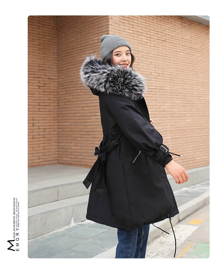 Женская зимняя куртка с большим меховым капюшоном Новое поступление женское длинное зимнее пальто парки с меховой подкладкой-85