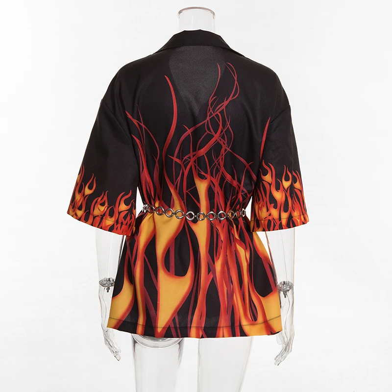 LMCAVASUN Harajuku рубашки с пламенным принтом Топ новая весенняя темная мода свободные блузки женская одежда