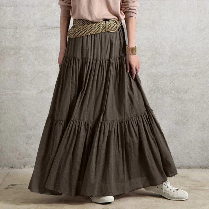 Autumn Winter Long Skirts Vintage Women's Ruffles Skirt Spring Solid Casual Loose Elastic Waist Skirts Oversize Female Bottoms