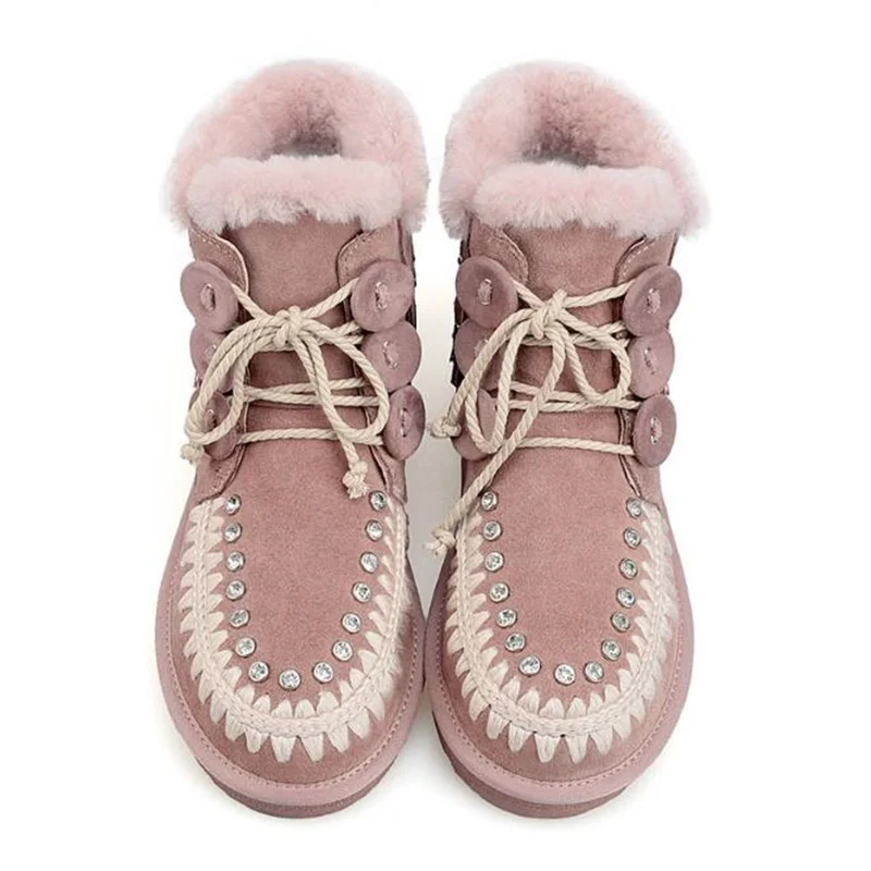 pink Crystal Lace Up Snow Boots Wool thickened Warm Winter Women Shoes Round Toe Tassel Cowhide Leather Top Quality Booties Ankle - Цвет: pink