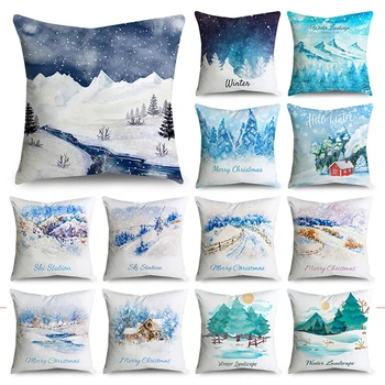 

Watercolor winter pattern printed pillow case polyester fiber soft car sofa home decoration pillow cushion cover