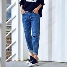 N2899 художественные свободные Джокер сделать старые отверстия патч Синие Маленькие прямые конусной формы джинсы женские