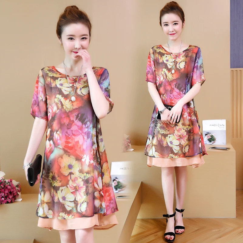 

2020 Chiffon Print Floral Mini Dresses Summer 5XL Plus Size Short Sleeve Loose Dress Elegant Women O-Neck Bodycon Party Vestidos