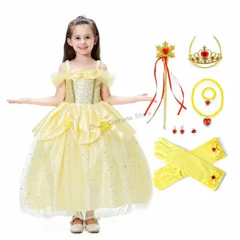 

Girls Princess Fancy Dressing Up Belle Costume Flowers Off Shoulder Dress up Deluxe Ball Gown Dresses Kids Party Dress vestido