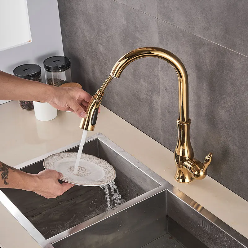 Golden Kitchen Faucets Pull Out Mixer Sink Tap 360 Rotation Single Handle Water 2-way Sprayer Mixer Tap