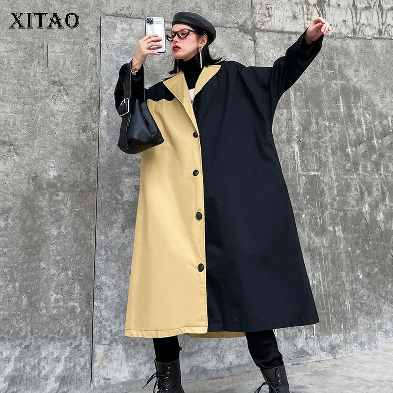 

XITAO Plus Size Hit Color Trench Women Fashion New 2020 Spring Full Sleeve Single Breast Wide Waist Long Fashion Coat XJ3725