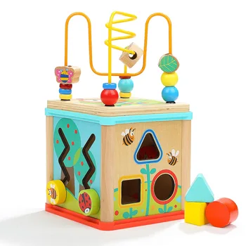 

Baby 1-3 years old puzzle beads round beaded wooden geometric shape pairing clock cognitive multifunctional baby treasure box