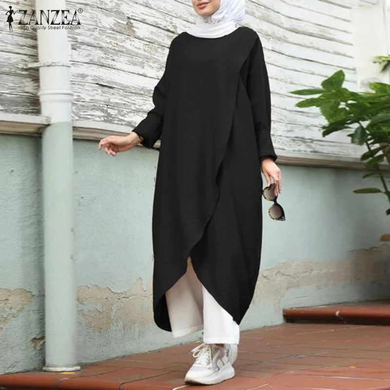 Retro Muslim Dress Womens Asymmetrical Sundress ZANZEA 2020 Casual Long Sleeve Maxi Vestidos Female O Neck Islamic Robe 5XL