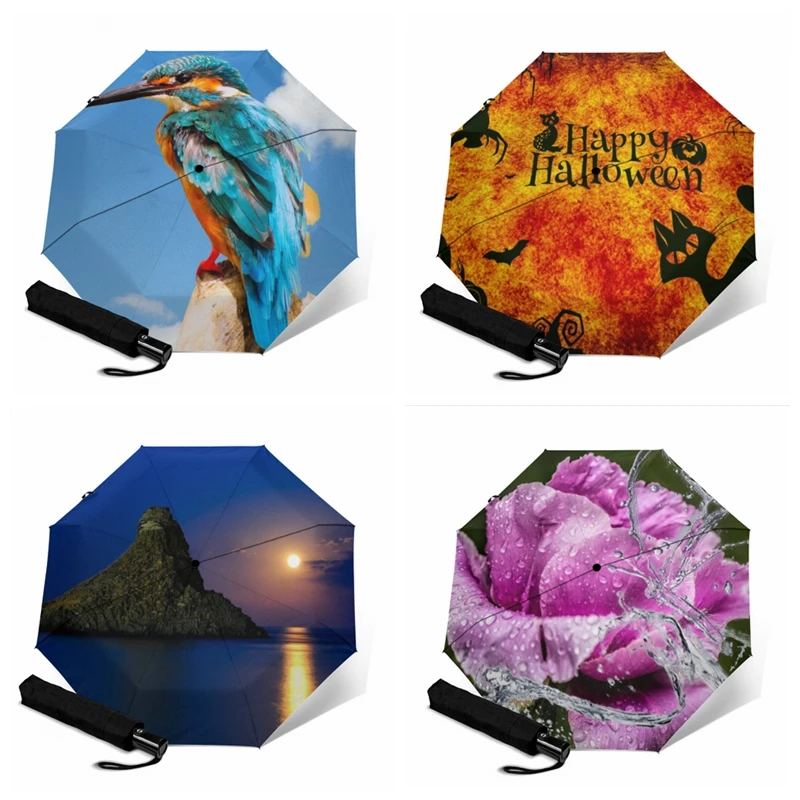 Luxury Automatic tri-fold umbrella Windproof Sunny And Rainny Umbrella Travel Sun Umbrellas Women's Printing Umbrellas For men