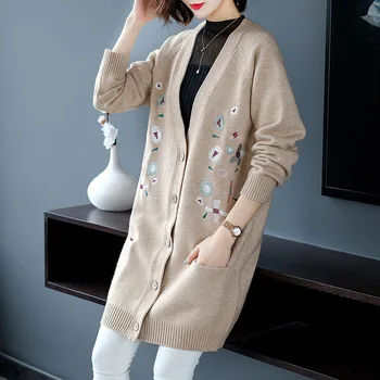 

Women Floral Embroidery Cardigan Sweater Open Stitch Vintage Mori Style Cable Knit Sweaters Ladies Knitwear 0902-128