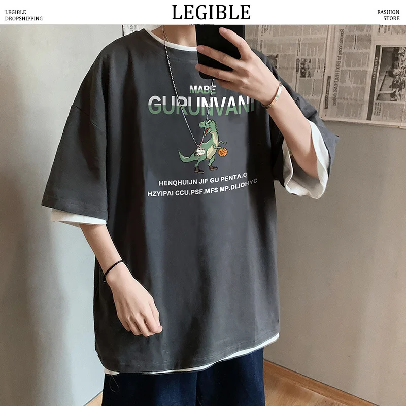 

LEGIBLE T-Shirts Men Cartoon Print Streetwear 2020 Summer Mens Loose Casual Short Sleeve Tops Tees Male Oversize T Shirts