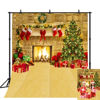 

Christmas Tree Backdrop Fireplace Photo Background Brick Wall Photography Backdrops Santa Claus Sock Photo Studio