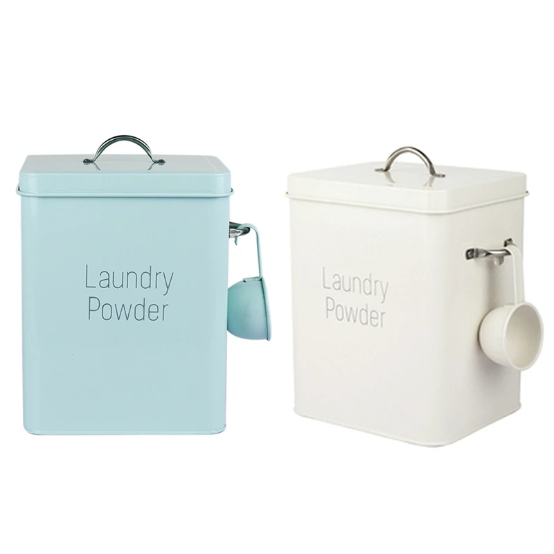 

2 Pcs Beautiful Powder Coating Metal Zinc Laundry Powder Boxes Storage with Scoop, Blue & White
