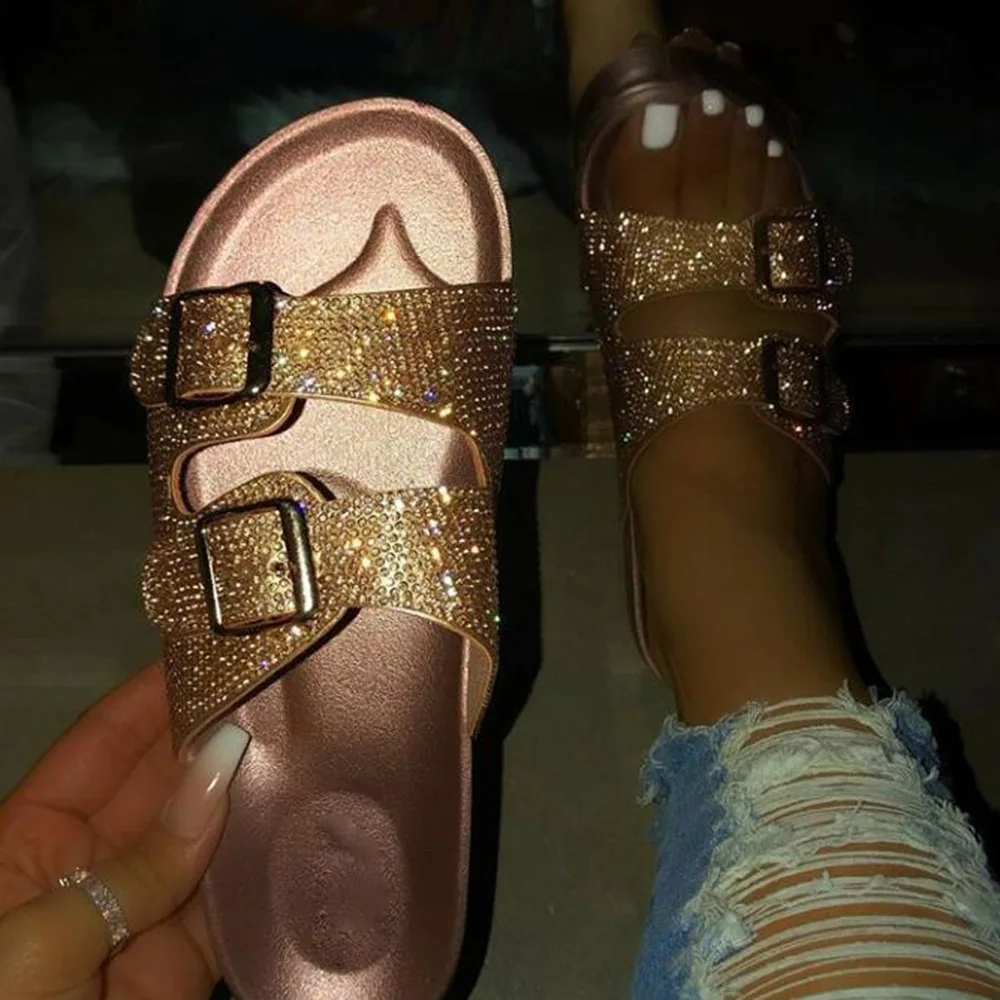 

Rhinestone Women's Shoes Summer Open Toe Comfy Slippers Soft Thick Bottom Flat Shoes Comfortable Walking Cusion Slipper
