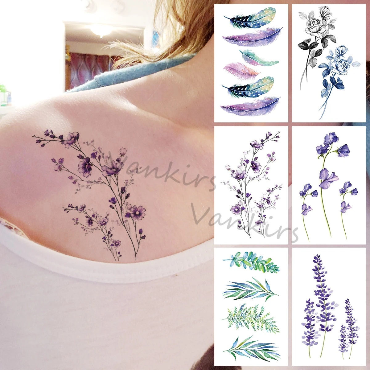 Watercolor Lavender Temporary Tattoos Small For Women Girls Feather Leaf  Fake Tattoo Sticker Body Arm Tatoos Summer Style - Temporary Tattoos -  AliExpress