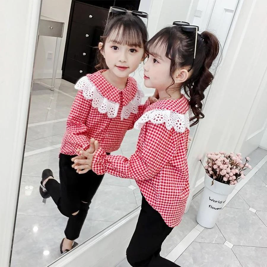 Blusas a cuadros para niños y niñas, camisa para niños, blusa de manga larga a la moda, camisa encaje para niños 110 a 160cm|Blusas y camisas| - AliExpress