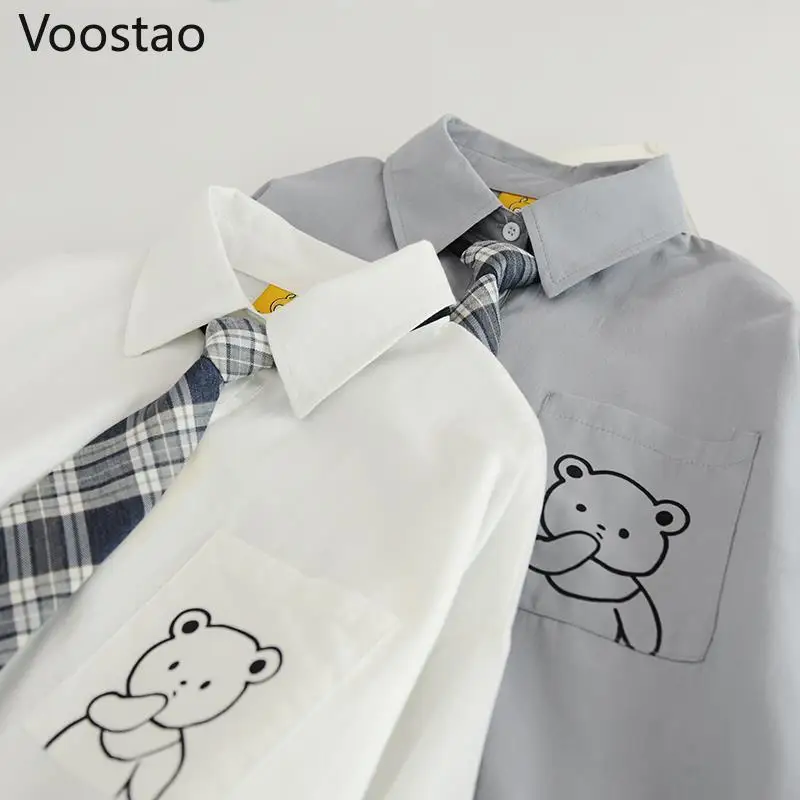 Preppy Style Couple Blouses Women Men Harajuku Bear Embroidery JK Shirts Necktie Loose Lolita Blouse Tops Blusas Mujer De Moda 2