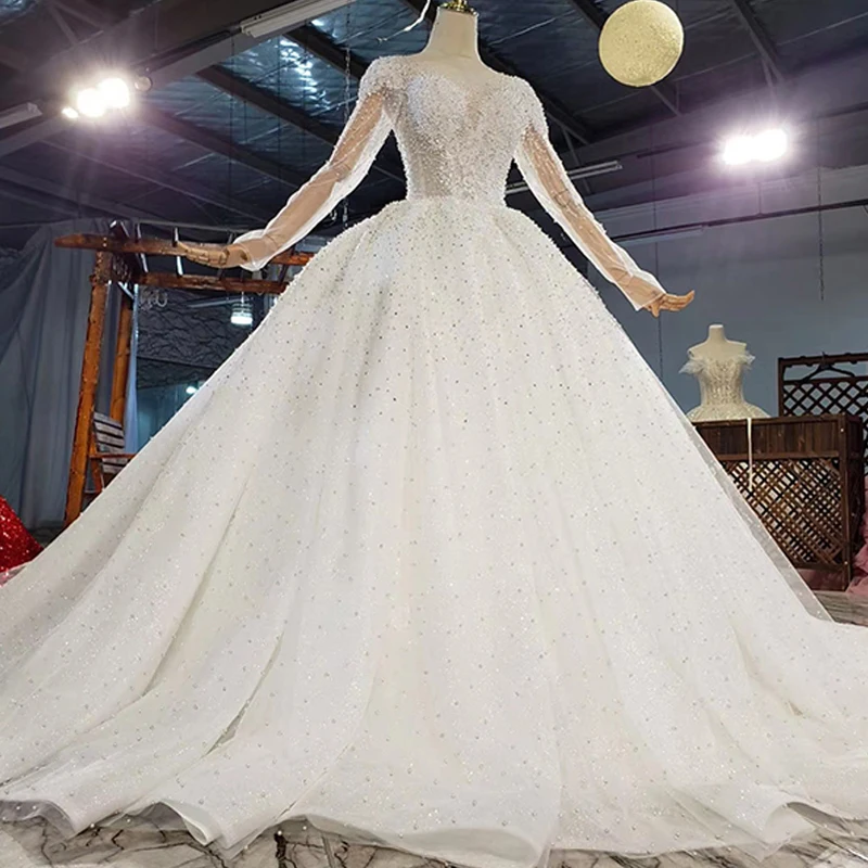 HTL1878 Sequined Beading Pearls Wedding Dress 2020 Long Sleeve Applique Ball Gowns Deep V-Neck Lace Up Back 3