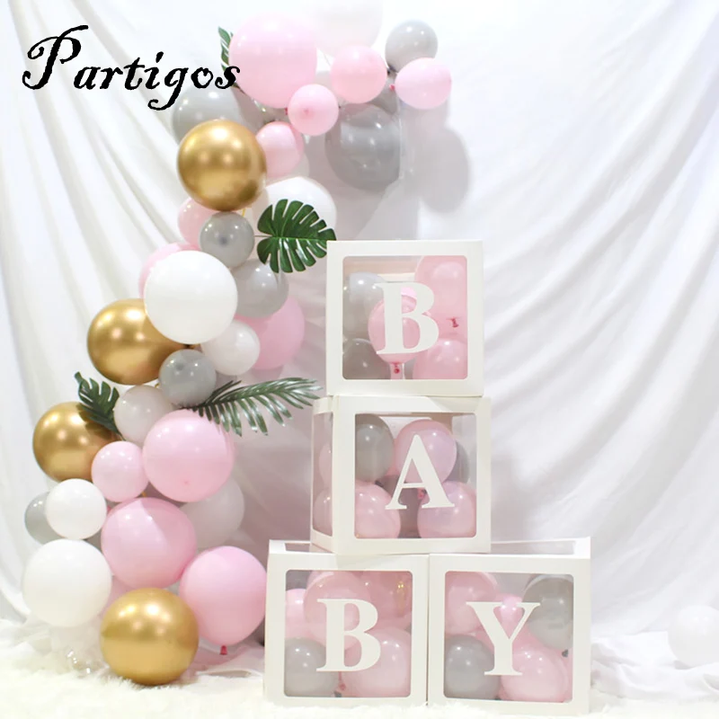 

4pcs/set DIY BABY Transparent Box Gray White Pink Macaron balloon chain Latex Balloons LOVE Blocks Boy Girl Baby Shower Wedding Birthday Party Decor