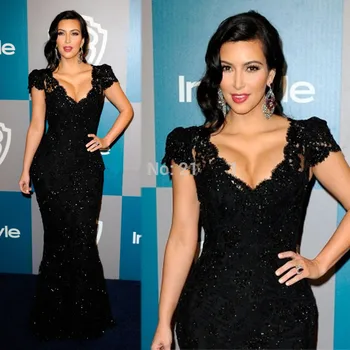 

Black 2019 Formal Celebrity Dresses Mermaid V-neck Cap Sleeves Lace Beaded Long Famous Red Carpet Dresses