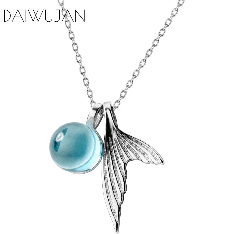 DAIWUJAN Real 925 Sterling Silver Blue Crystal Mermaid Foam Pendant Choker Necklace For Women Tail Romantic Wedding Jewelry Gift