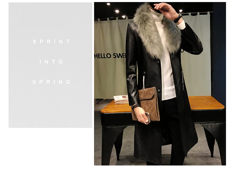 Для мужчин пальто роскошный Veste Homme золотые длинные пальто Slim Fit Chaqueta Cuero Hombre большой меховой воротник Для мужчин s Искусственная кожа пальто-тренчи