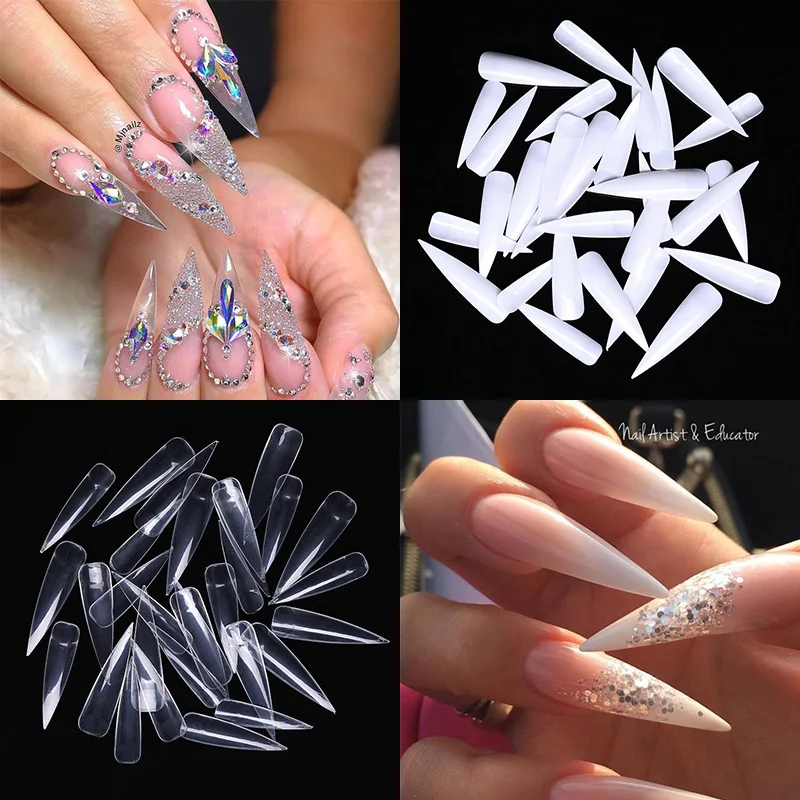 

50Pcs Fake Nails Natural White Transparent Sharp French False Nails for Acrylic Polymer Extension 10 Sizes Tips Nail Art Tools