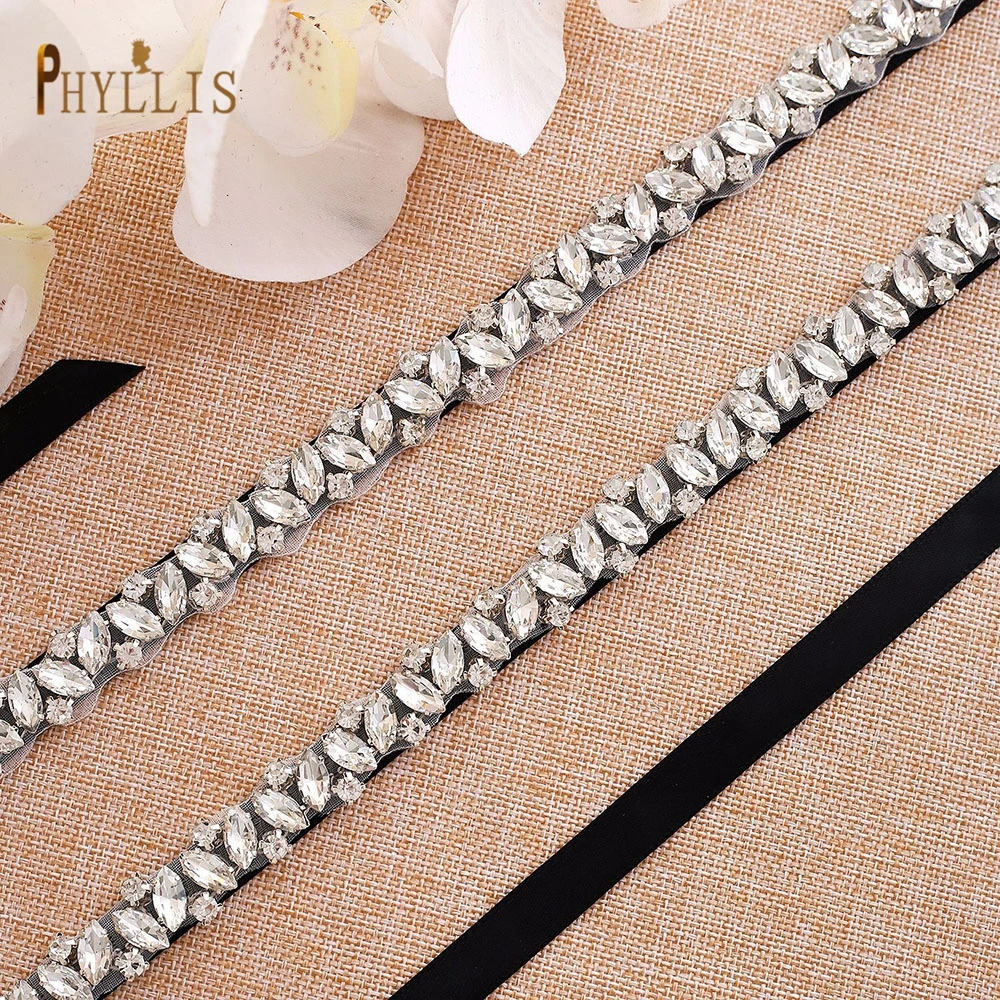 S06 Silver Rhinestone Wedding Sash Thin Bridal Belts Bling Tie Belts for Women Evening Gown Maternity Belt for Dress Waist Belts
