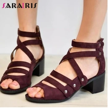 

SARAIRIS Rome Fashion Ladies Cover Heel Metal Sandals Summer Sandals Women Round Toe Belt Strappy Gladiator Shoes Woman