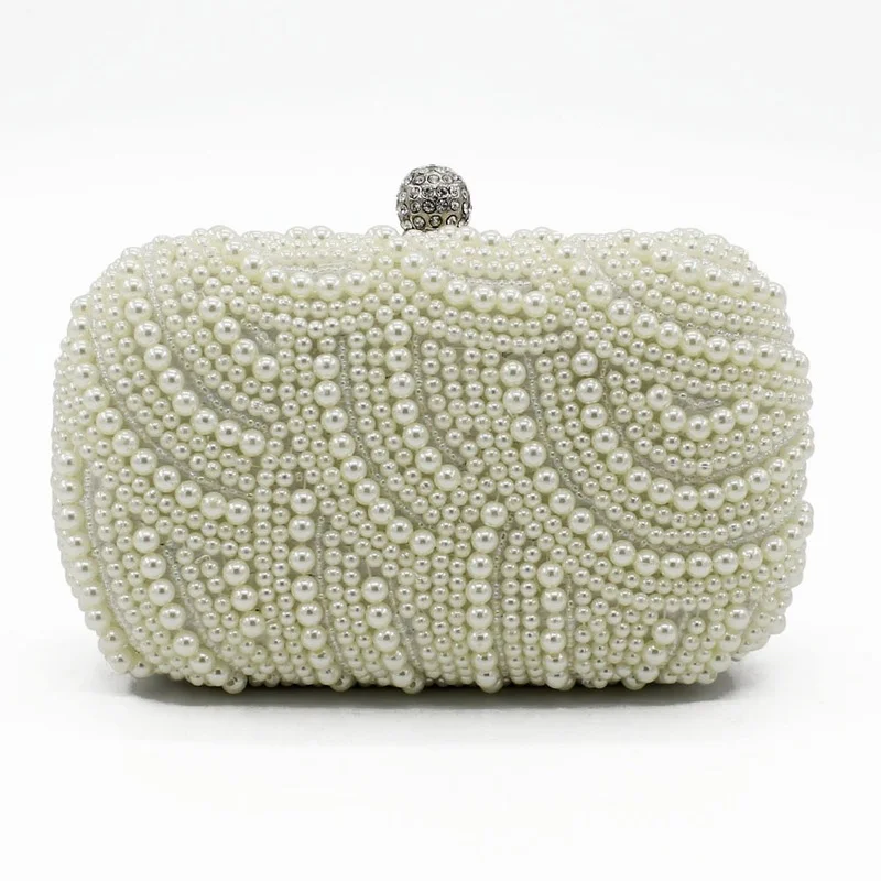 

Women Evening Bags Vintage Small Pearl Beads Day Phone Clutch Shoulder Chain Handbags Elegant Rhinestones Purse Black White
