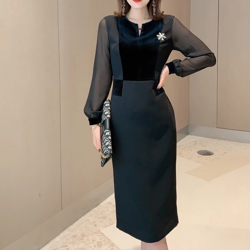 Сексуальное прозрачное шифоновое вечервечерние женское черное платье с длинным