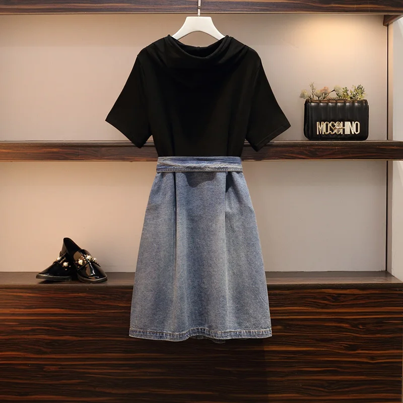 6XL Size Plus Summer Dress Women 2020 New Denim Patchwork Single Breasted Sashes Hooded Short Sleeve High Waist Casual Dresses | Женская