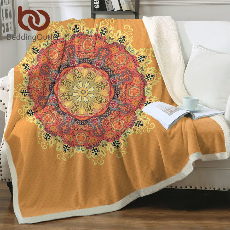 BeddingOutlet Mandala Sherpa Fleece Blanket Yellow Orange Soft Blankets Floral Throw Bohemian Fur Bedspreads 150x200cm | Дом и сад