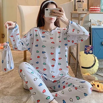 

Ladies Cartoon Print Casual Plus Size Pyjamas Set Ladies Round Neck Long-sleeved Loose Pajamas Trousers 2 Piece Suit Sleepwear
