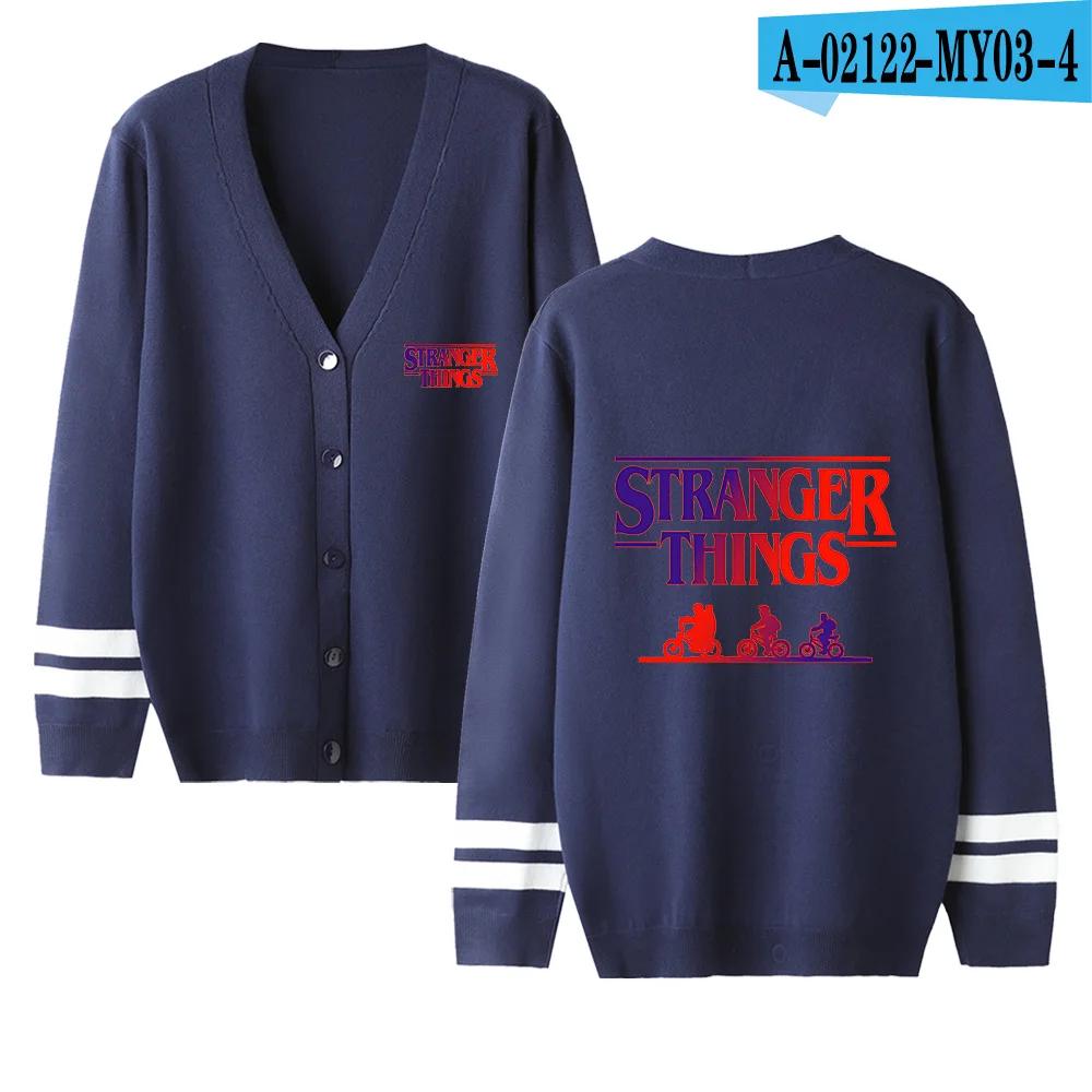 navyblue Очень странные дела Для женщин Кардиган стильный женский свитер с длинным рукавом и v-образнsb вырезом, зимний свитер связанный крючком осень Высокое качество Мода; обувь для влюбленных; свитер с вышивкой, куртки - Цвет: navyblue