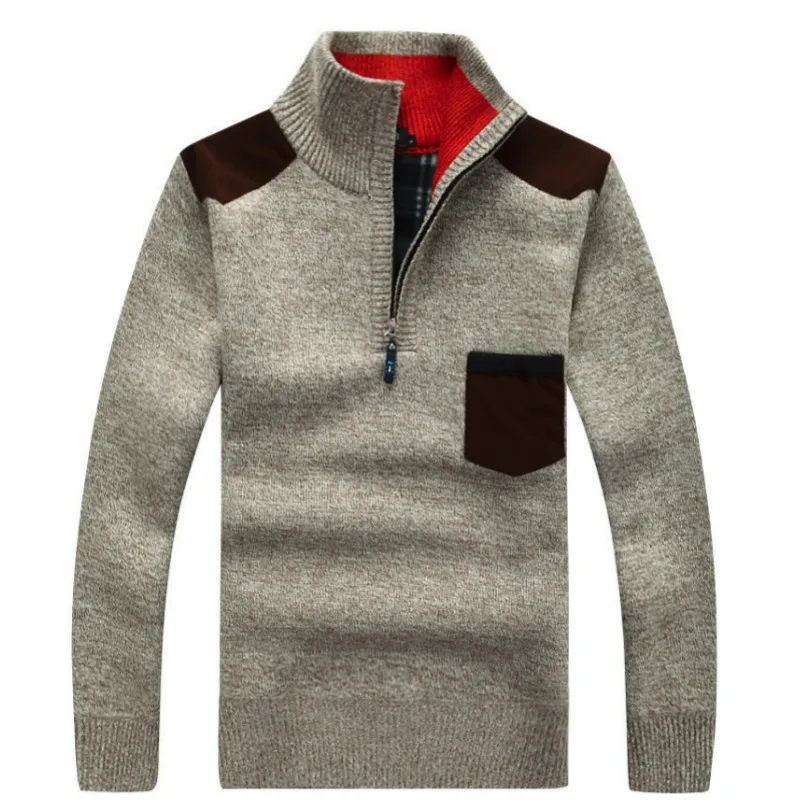Зимний мужской свитер с высоким воротом на молнии, флисовый вязаный шерстяной пуловер с длинным рукавом и карманом, повседневная мужская плотная одежда на осень