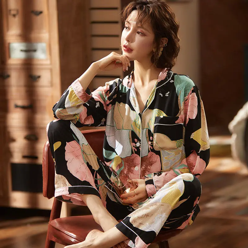 

Women's Pajamas Set New Spring Autumn Flora Printing Pijamas Silk Feeling Sleepwear Pajamas women Pijama Feminino Home Clothes
