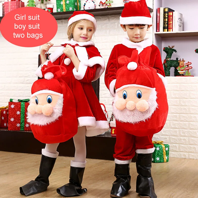 Рождественская одежда для детей Kigurumis зимний наряд, костюм для мальчиков, девочек Санта Клаус вечерние костюмы Рождественская одежда Косплэй новогодние костюмы - Цвет: Boy Girl suit bag