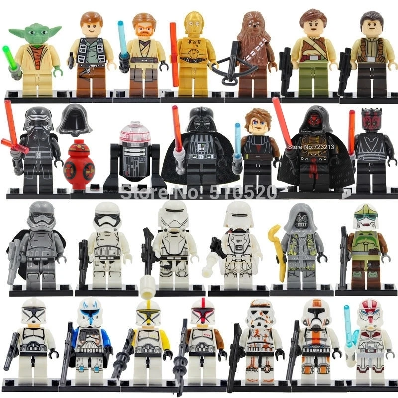 Online 26 unids lote Star Wars figura Yoda Paploo Ahsoka Tano Obi Wan Darth Vader bloques de construcción de juguetes modelo Legoing
