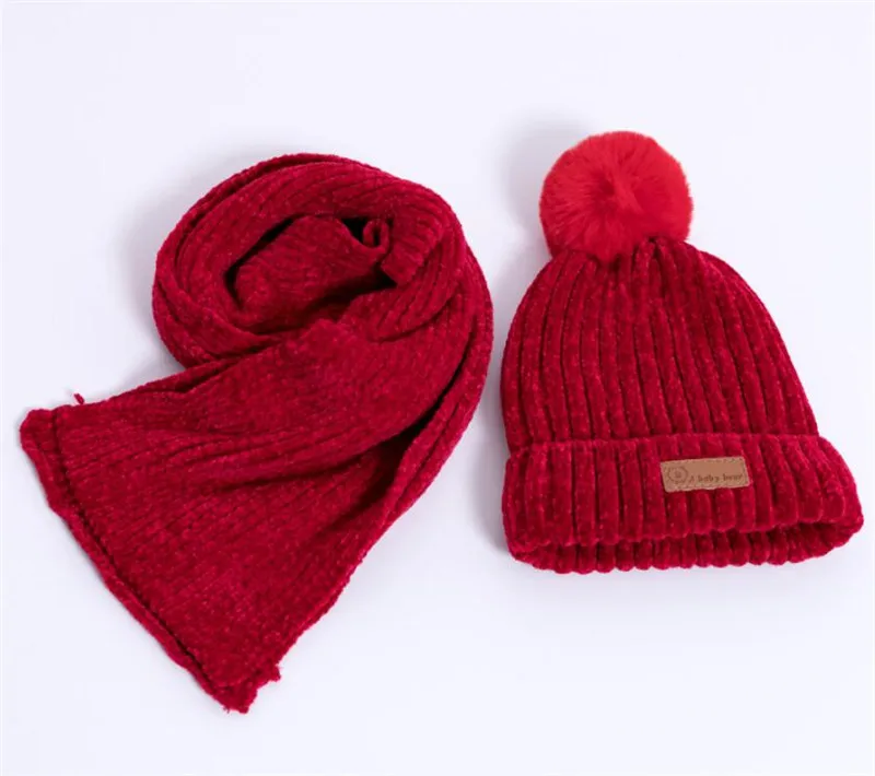 Red 2 pcs set Детская зимняя шапка и шарф-перчатка, детская теплая вязаная плюшевая шапка, комплект из 3 предметов, однотонный костюм с шарфом и помпонами для мальчиков и девочек От 0 до 3 лет - Цвет: Red 2 pcs set