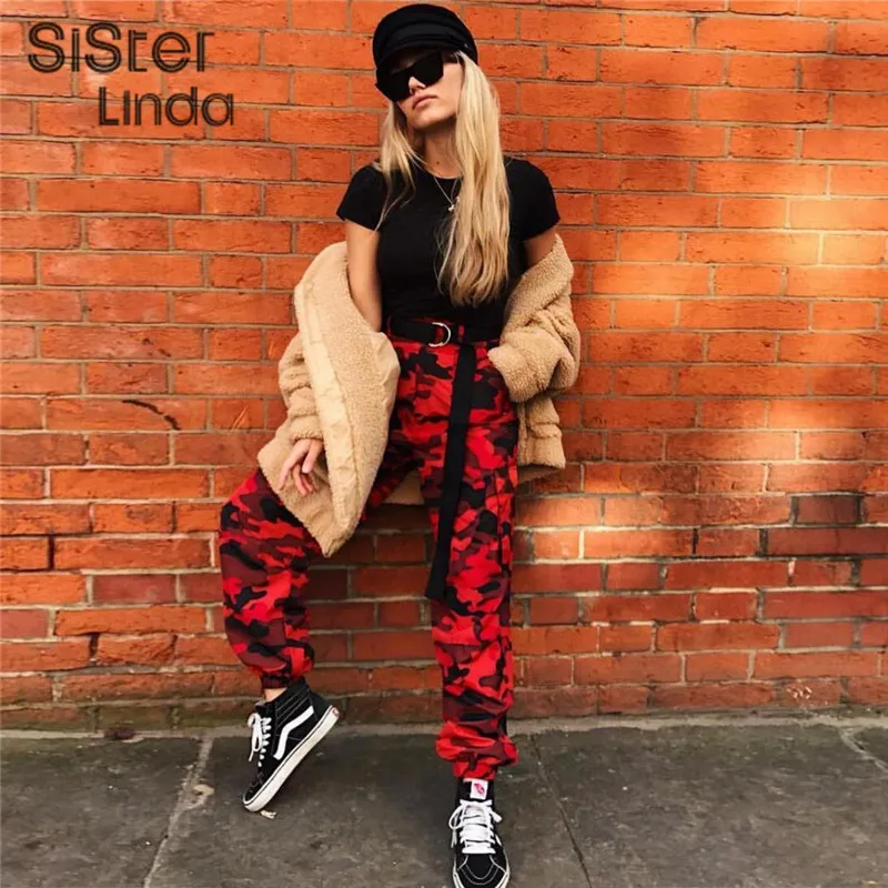 Sisterlinda, красные камуфляжные штаны для женщин, высокое качество, спортивные штаны,, осенняя мода, высокая талия, Pantalon Mujer Demin Camo pants