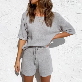 

Summer Women Pajamas Two Piece Set O Neck Short Sleeve Top Drawstring Shorts Women Soft Sleepwear Casual Clothing