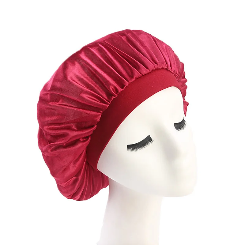 58 см отрегулируемая однотонная Атласная шапочка для укладки волос, шапка для ухода за длинными волосами, женская ночная шапка для сна, шелковая шапочка для головы, шапочка для душа, инструмент для укладки волос - Цвет: Wine Red