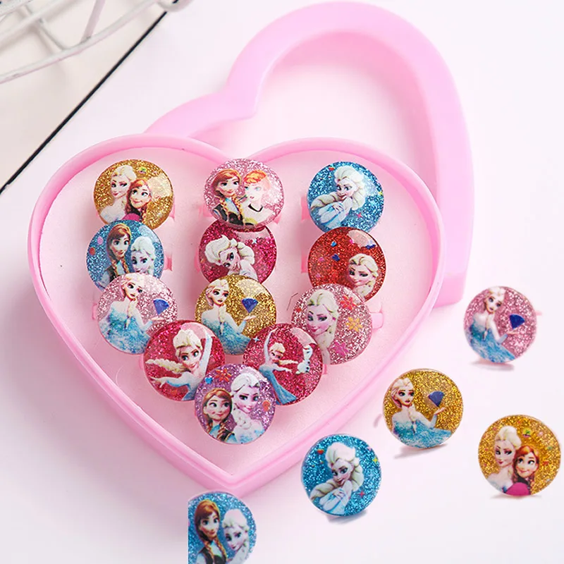 12 unids/set de dibujos animados Disney anillos ChildrenS anillos para las niñas, conjunto de anillo de dedo anillos de corazón de joyería caja de visualización niños juguete para regalo