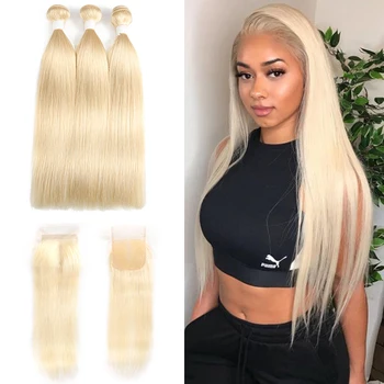 

SOKU 613 Blonde Human Hair Bundles With Closure Brazilian Straight Human Hair Weave Bundles With Lace Closure Remy Bundles