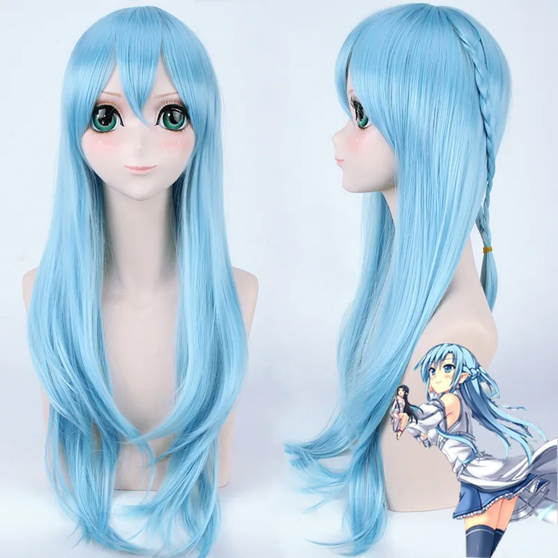 Yuuki Asuna Cosplay Wig Sword Art Online Asuna Elf Ears and Aqua Straight Hair Titania Costume Accessories Free Wig Cap0 (5)