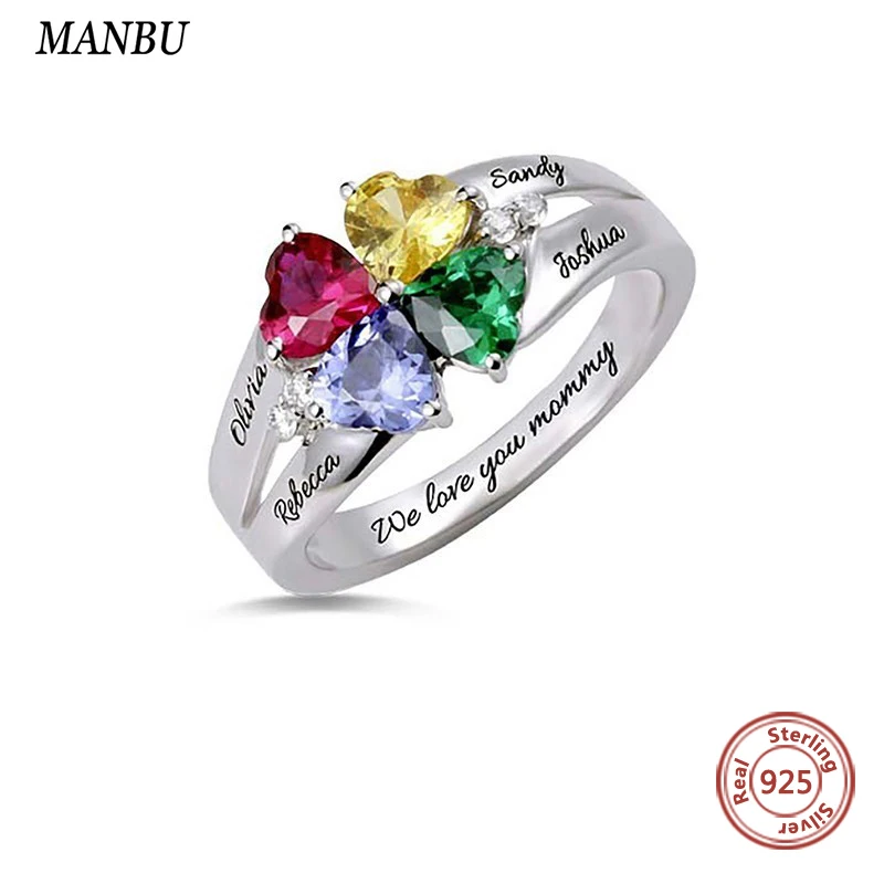 

925 Sterling Silver Custom Four Heart Birthstones&Names Ring Engrave Family Name Unique Jewelry Anniversary gift For Women