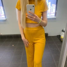 2 Two Piece Set Women Ribbed O Neck Crop Top and Long Pants Set Sexy Autumn Short Sleeve Tracksuit Women 2 Two Piece 2020