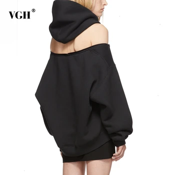 

VGH Casual Off Shoulder Women Sweatshirt Hooded Collar Lantern Long Sleeve Loose Pullovers For Female Fashion Clothing 2020 Tide